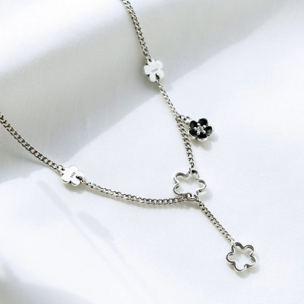 #NEW 925 Sterling Silver Flower Drop Link Chain Necklace - Picture 4 of 4